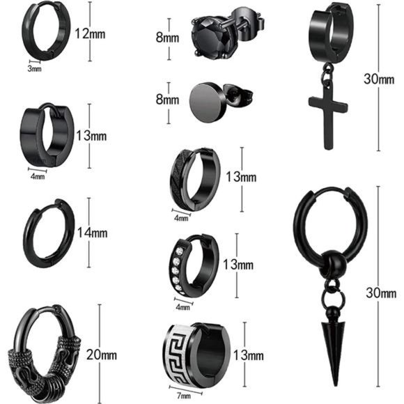 Mens Earrings 11 Pairs Stainless Steel Small Hoop Earrings Cross Dangle Men Gift - Picture 4 of 6